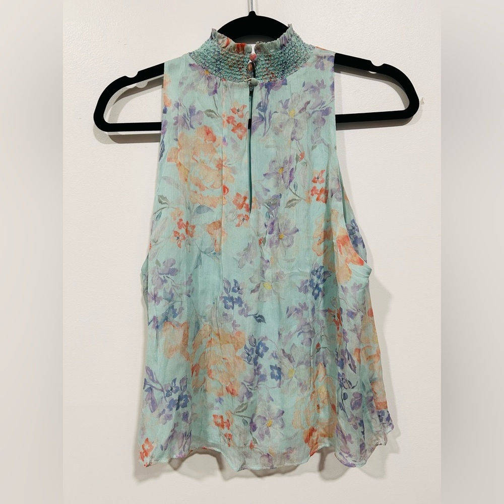 Alice + Olivia Floral Smocked High Neck Blouse Blue Sleeveless Small - Picture 8 of 12